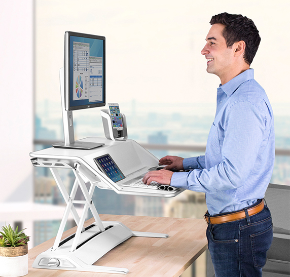 Fellowes Sit/Stand Workstation, Height Adjustable, 2 Work Surfaces, Charge Slot 1 Fellowes Sit/Stand Workstation, Height Adjustable, 2 Work Surfaces, Charge Slot