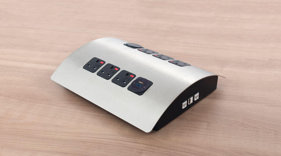 PAGODA Power module with brushed stainless steel finish, USB/data/AV/AC options. 1 PAGODA Power module with brushed stainless steel finish, USB/data/AV/AC options.