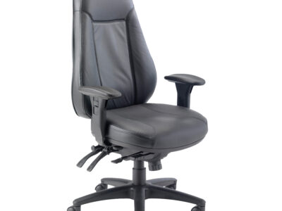 Black leather executive desk chair with an ergonomic high back and adjustable armrests.