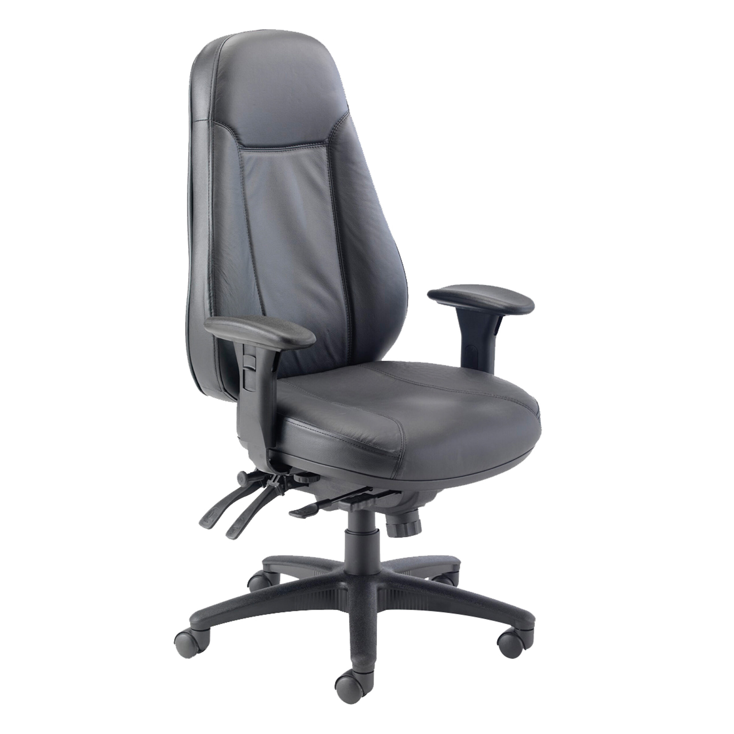 Cheetah Operator Chair 1 Black leather executive desk chair with an ergonomic high back and adjustable armrests.