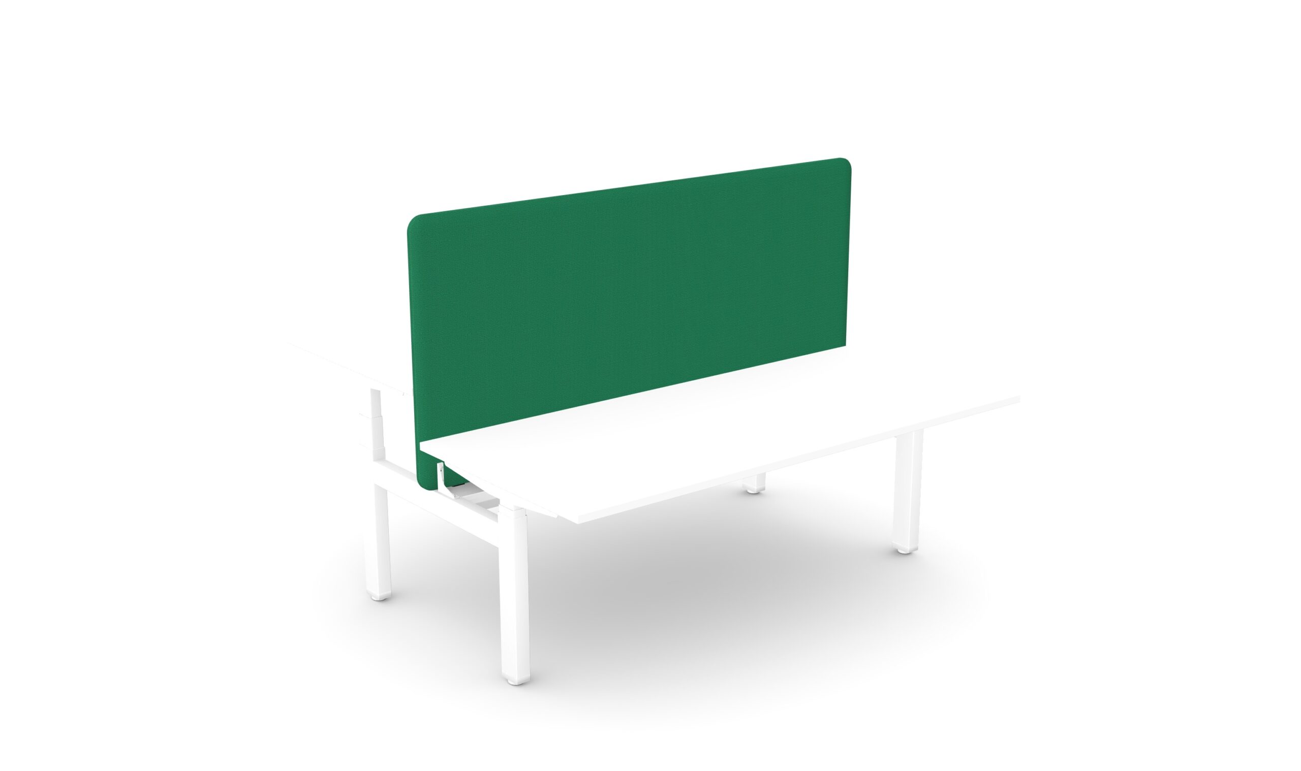 Acoustic Desk Divider Screen 1 Green fabric desk divider screen mounted as a central partition between two white side-by-side desks.