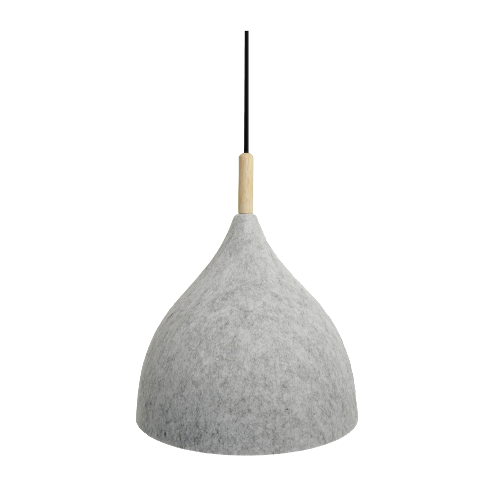 KOALA - Sinead Acoustic Pendant Light 1 Light gray felt teardrop pendant lamp with a natural wood neck and black cord.