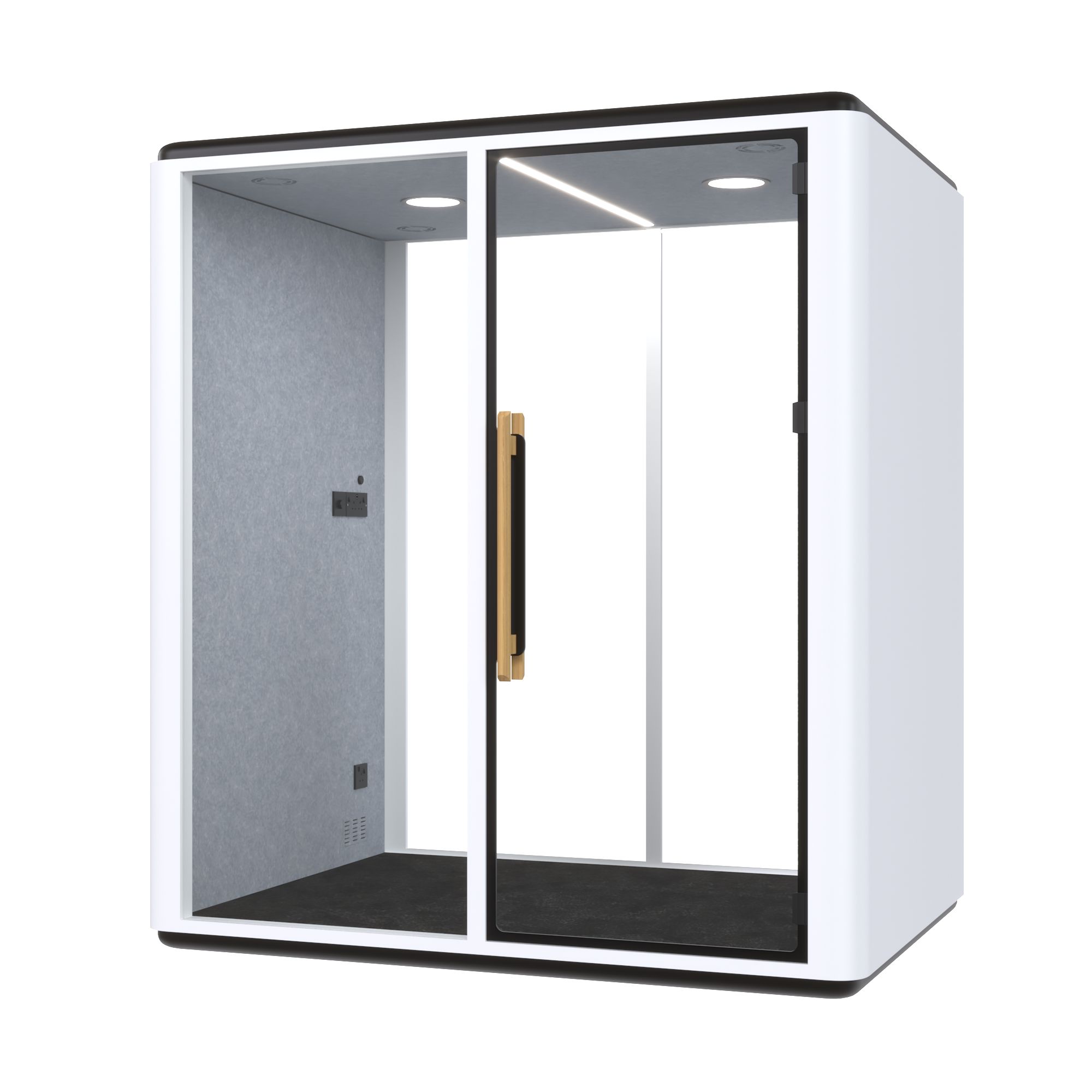 Zeno Hybrid Plus Acoustic Meeting Pod 1 White 2-person acoustic office pod with a glass front, wooden door handle, and sound-absorbing gray felt interior.