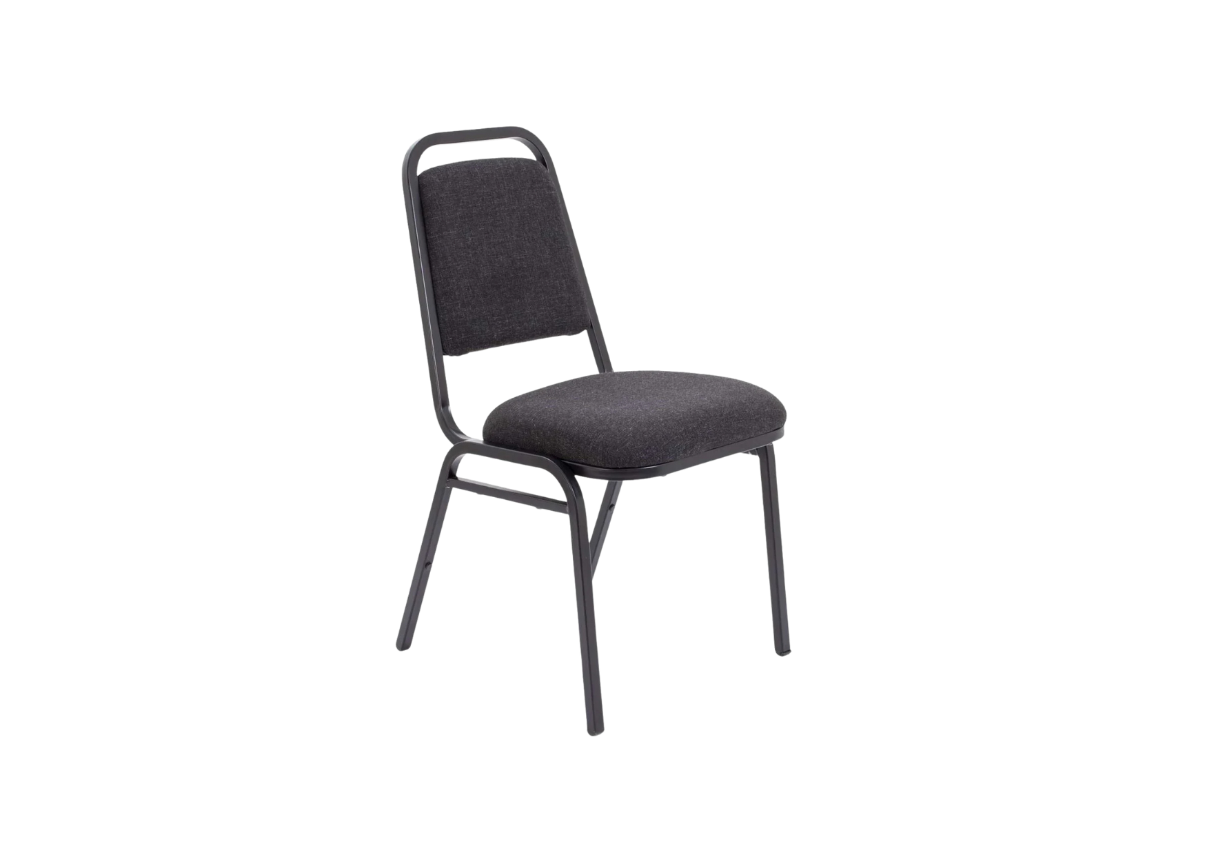 Banqueting Stackable Multi Purpose Chair 1 Dark gray upholstered banquet chair with a black metal frame.