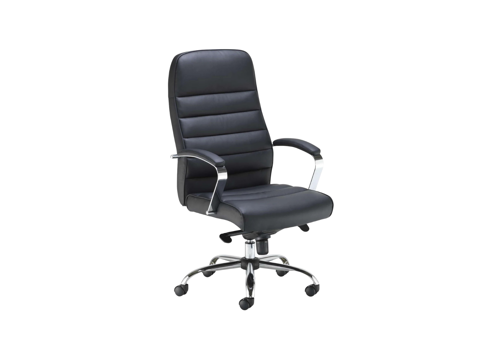 Ares Executive Chair 1 Modern black leather executive chair with horizontal ribbing and chrome accents.