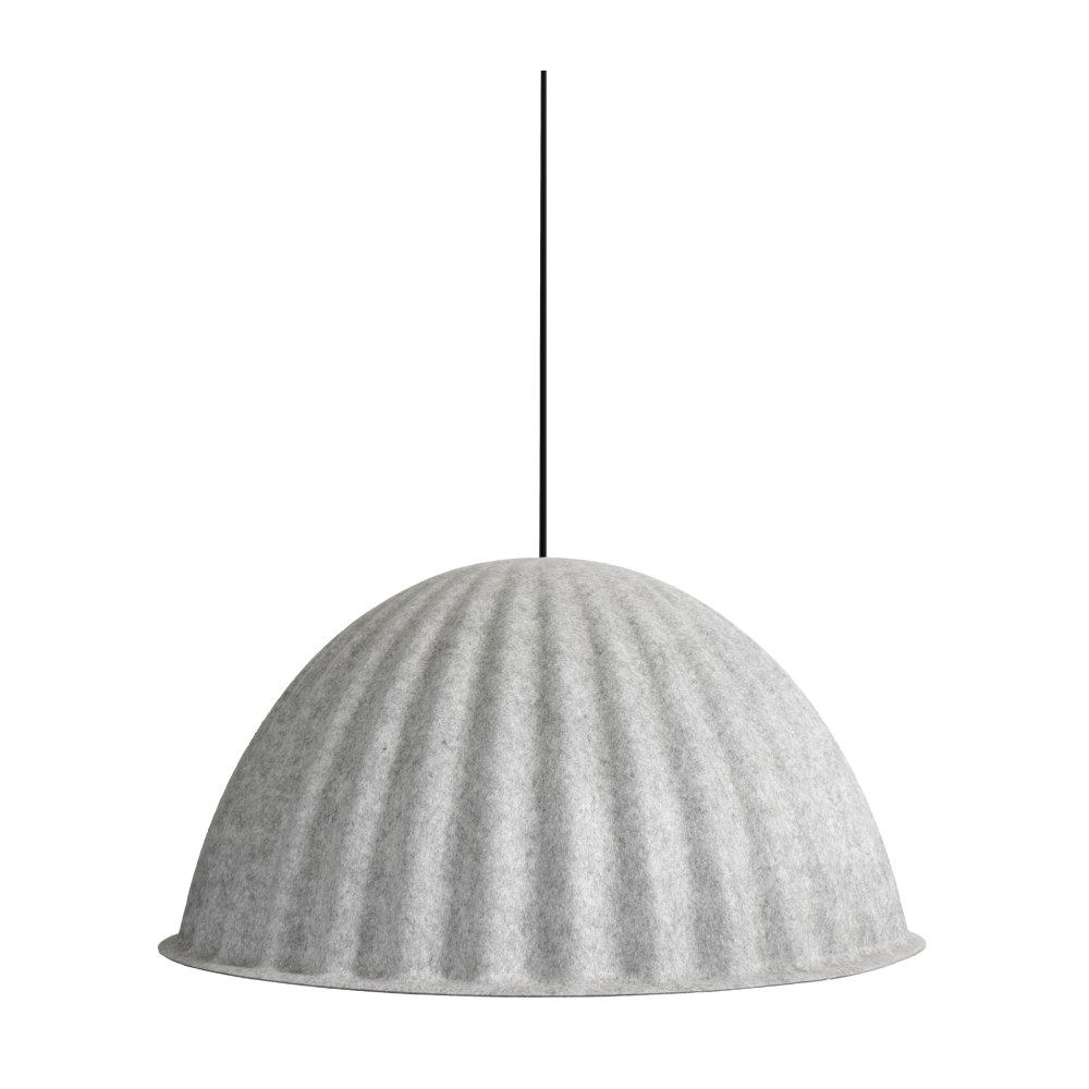 KOALA - Bell Acoustic Pendant Lamp 1 Modern light gray felt pendant lamp with a ribbed, dome-shaped shade.