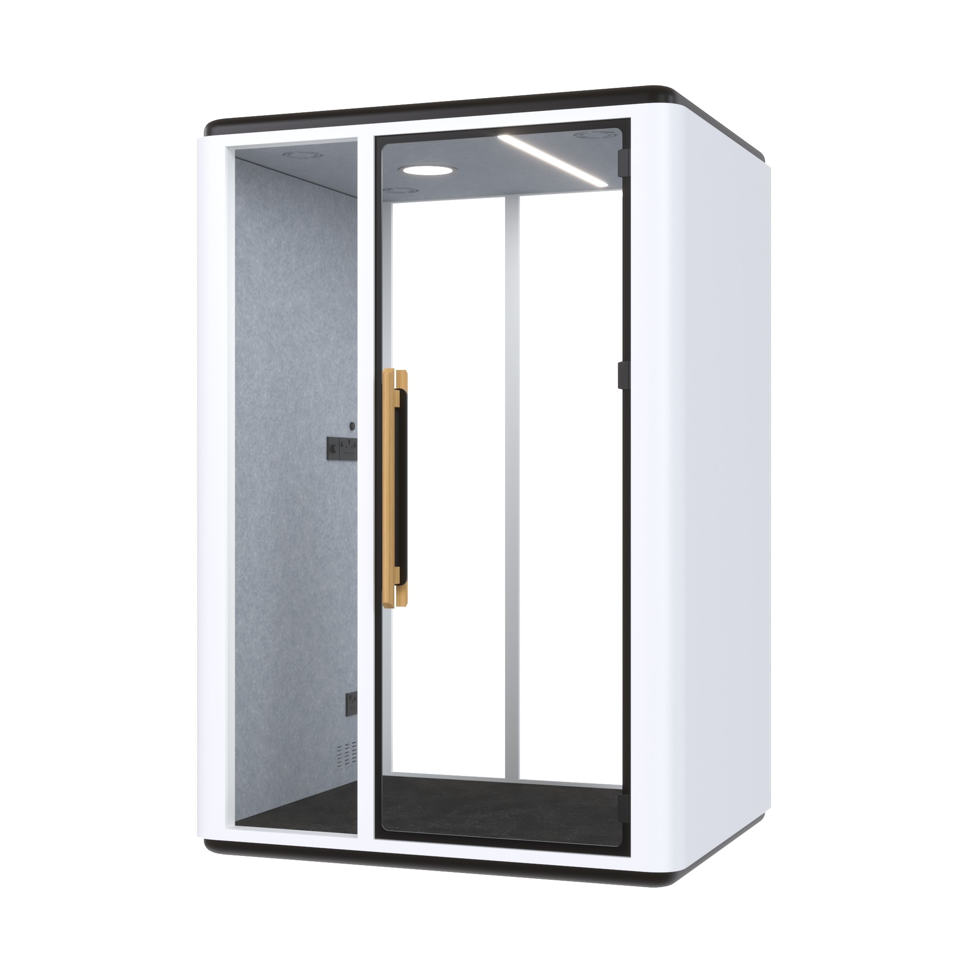 Zeno Hybrid Acoustic Office Pod 1 White soundproof office phone booth with a glass door, wooden handle, and integrated power for private calls.