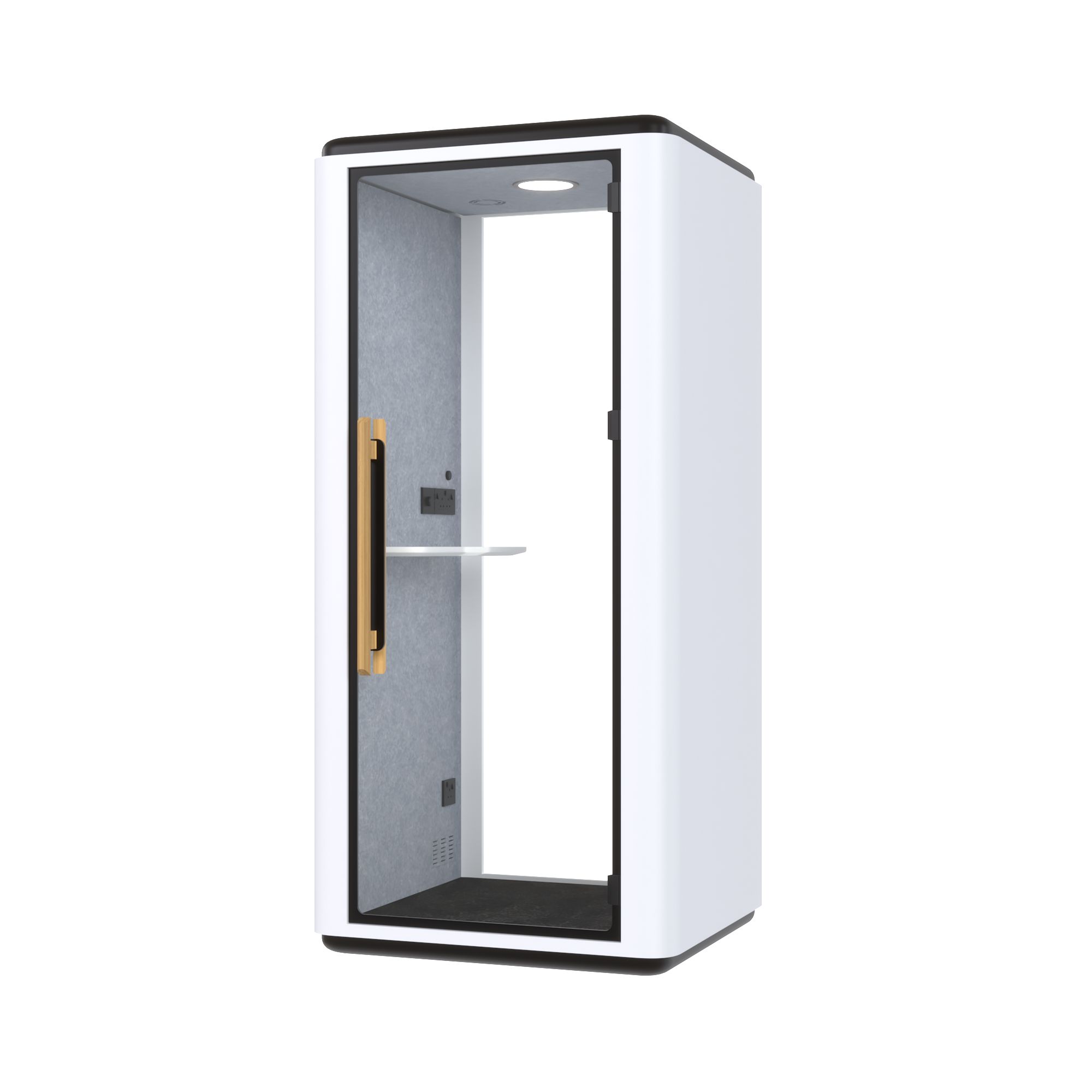 Zeno Phone 1 Slim white acoustic phone booth for private calls, featuring a glass door and internal work shelf.