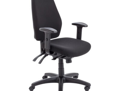 Ergonomic black task chair with a contoured backrest and multi-lever adjustment system for height and tilt.