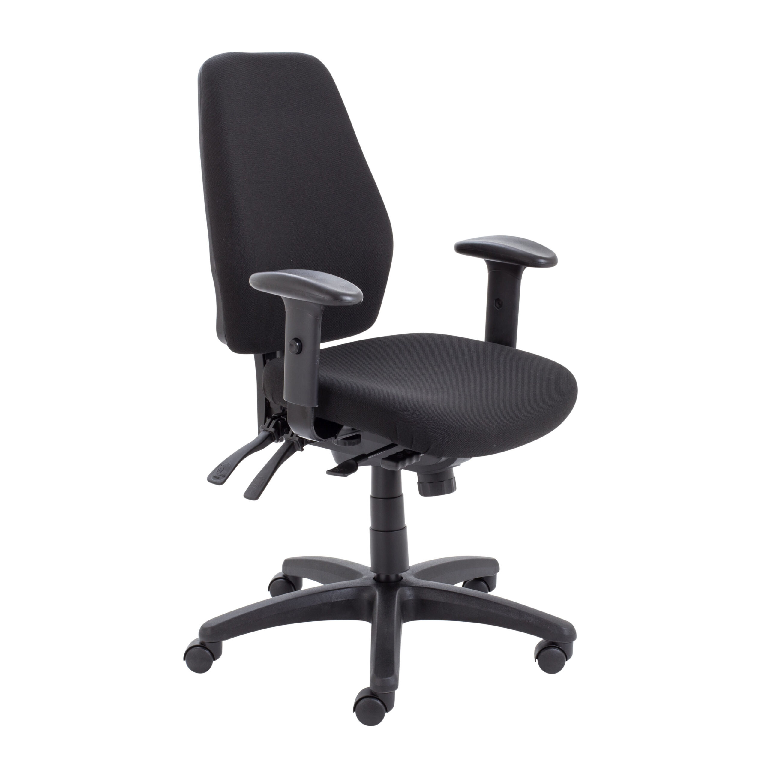 Call Centre Operator Chair 1 Ergonomic black task chair with a contoured backrest and multi-lever adjustment system for height and tilt.