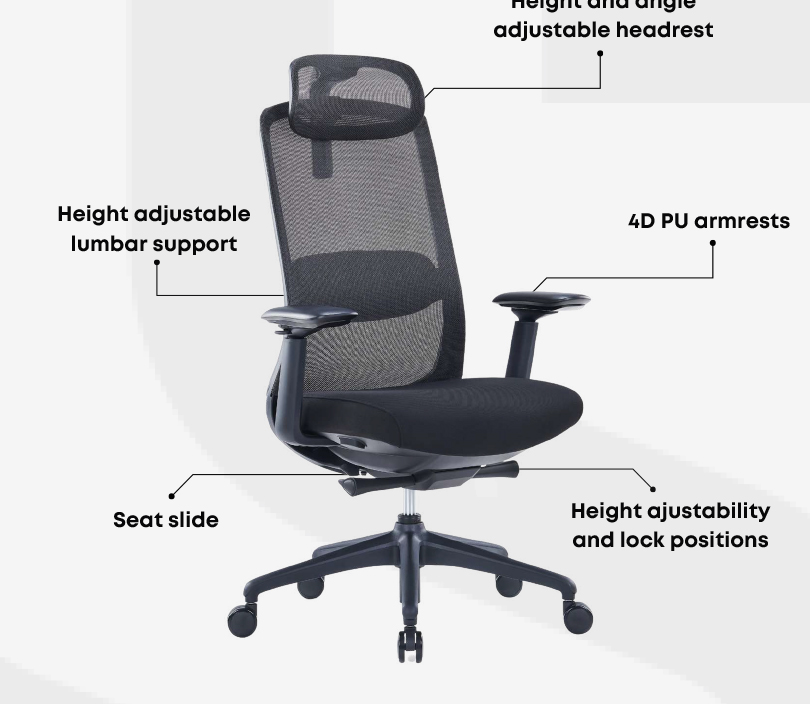 BRASS - Ergonomic Office Chair with Headrest. Multiple Adjustable Features. 2 Brass Ergonomic Office Chair features