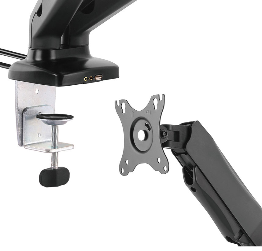 VESTRA- Dual Monitor Arms. Integrated USB, Audio & Microphone Ports. 3 Vestra-Dual-Monitor-Arms. Built-in Ports
