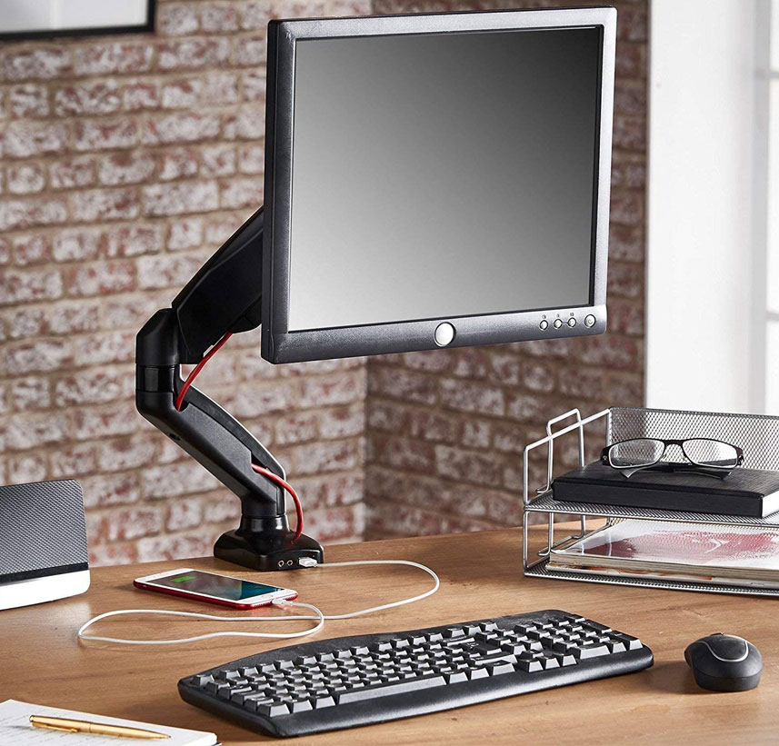 VESTRA- Single Monitor Arm. Integrated USB, Audio & Microphone Ports. 3 Vestra Single Monitor-Arm. Built-in Ports