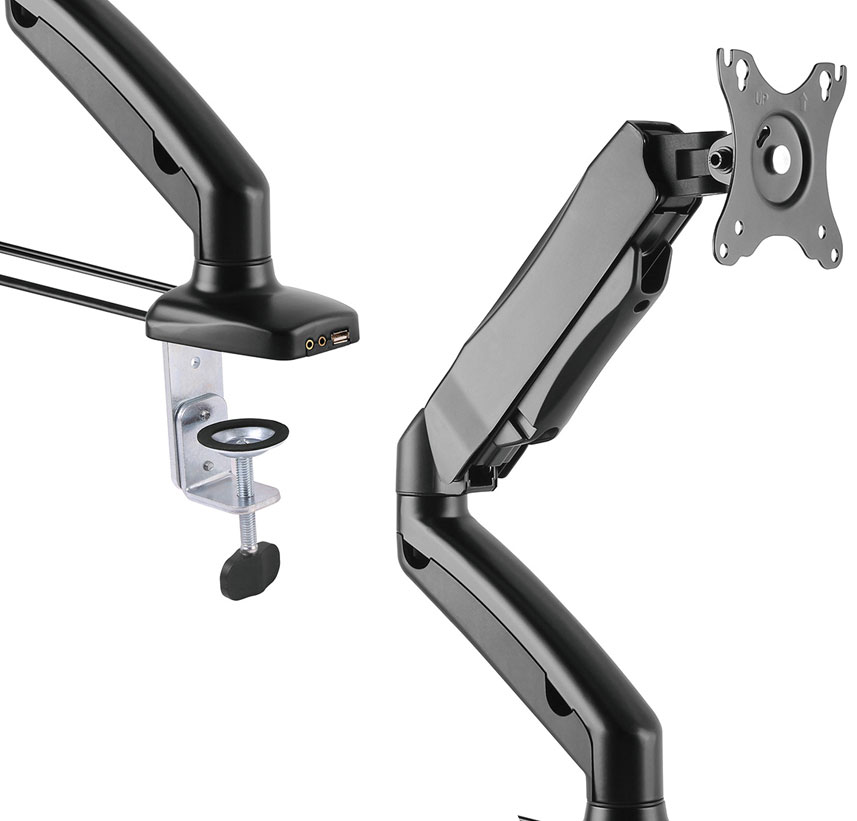 VESTRA- Single Monitor Arm. Integrated USB, Audio & Microphone Ports. 2 Vestra Single Monitor-Arm. Built-in Ports